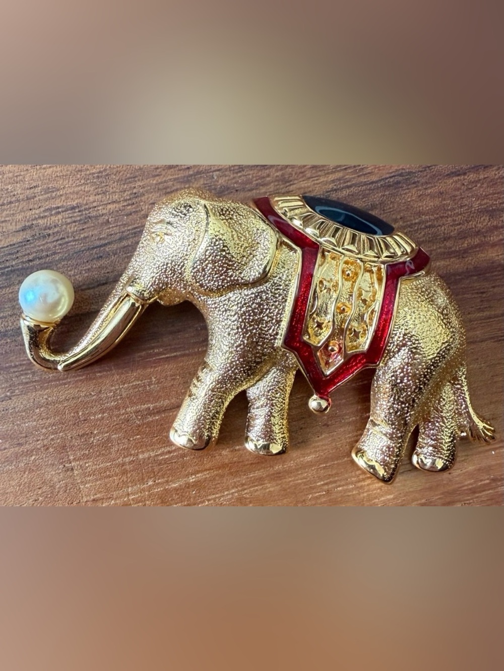 VTG Moghul Large Monet Gold Tone and Red Enamel Elephant Brooch